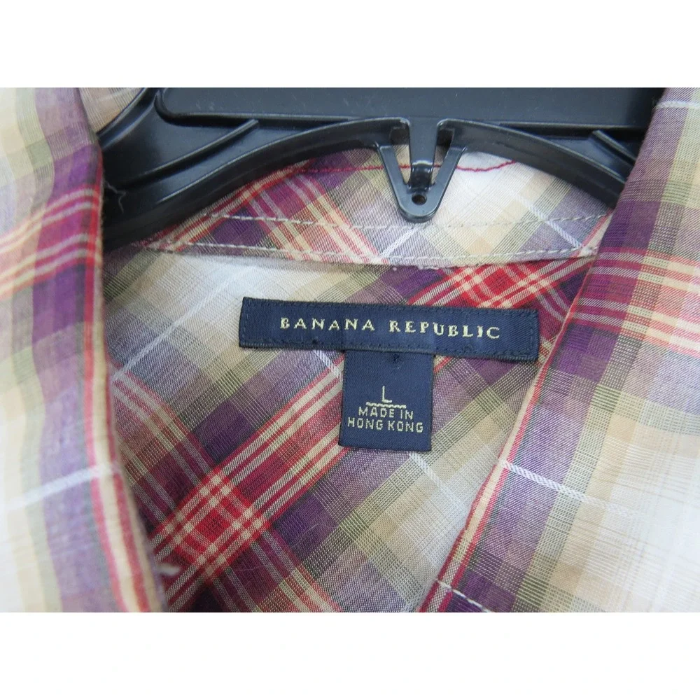 Banana‎ Republic Mens L Plaid Western Snap Shirt Ombre Shadow Plaid Cotton